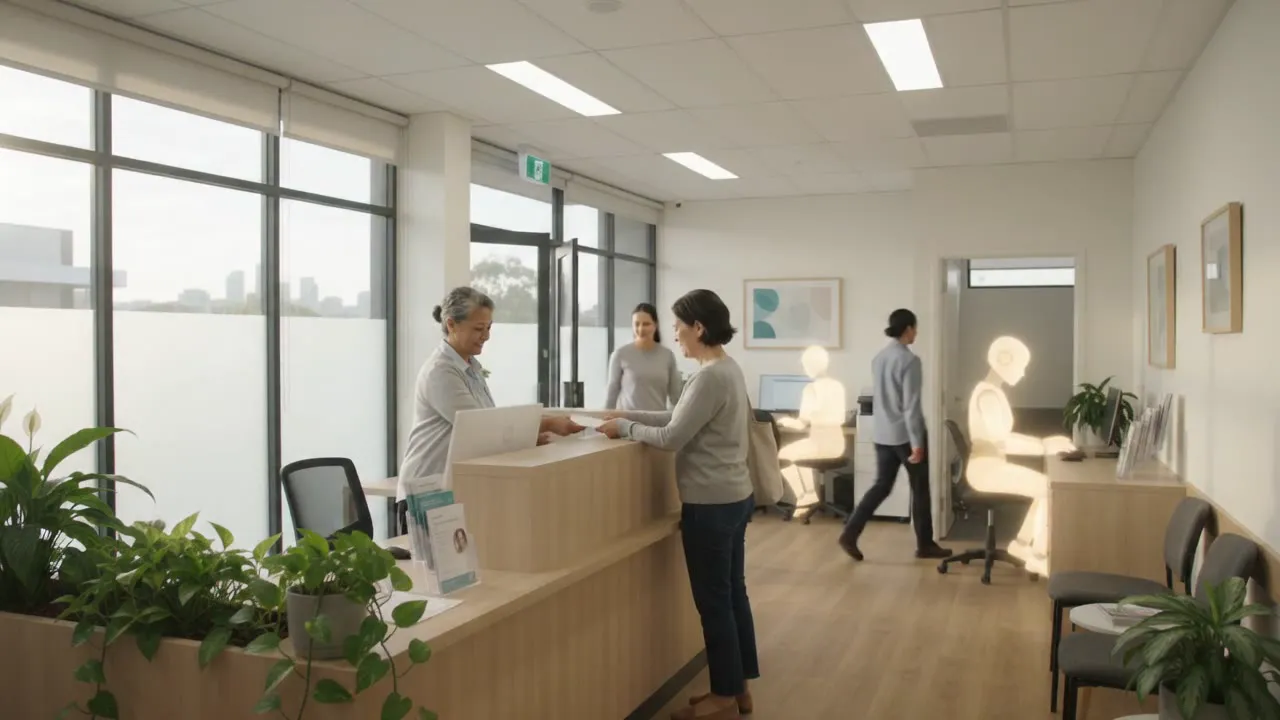 AI-generated illustration: a busy reception desk in daylight. Staff greet visitors while a glowing AI helper works quietly at the back